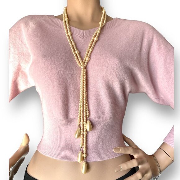 Lariat Double Strand Faux Pearl Teardrop Shape Dangle Tassel Necklace - Picture 1 of 9